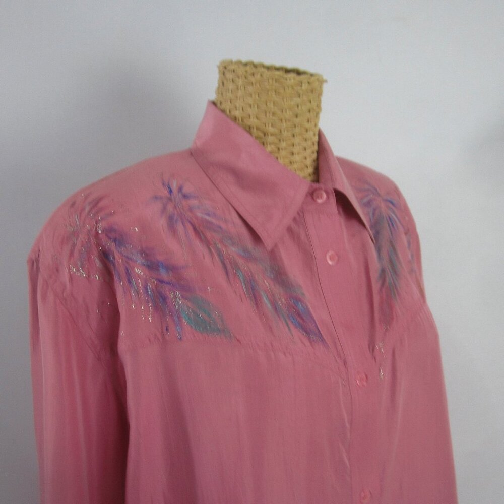 Vtg Wanted Women M Mauve Pink Painted Metallic LS Silk Western Cowboy Shirt - Picture 4 of 14